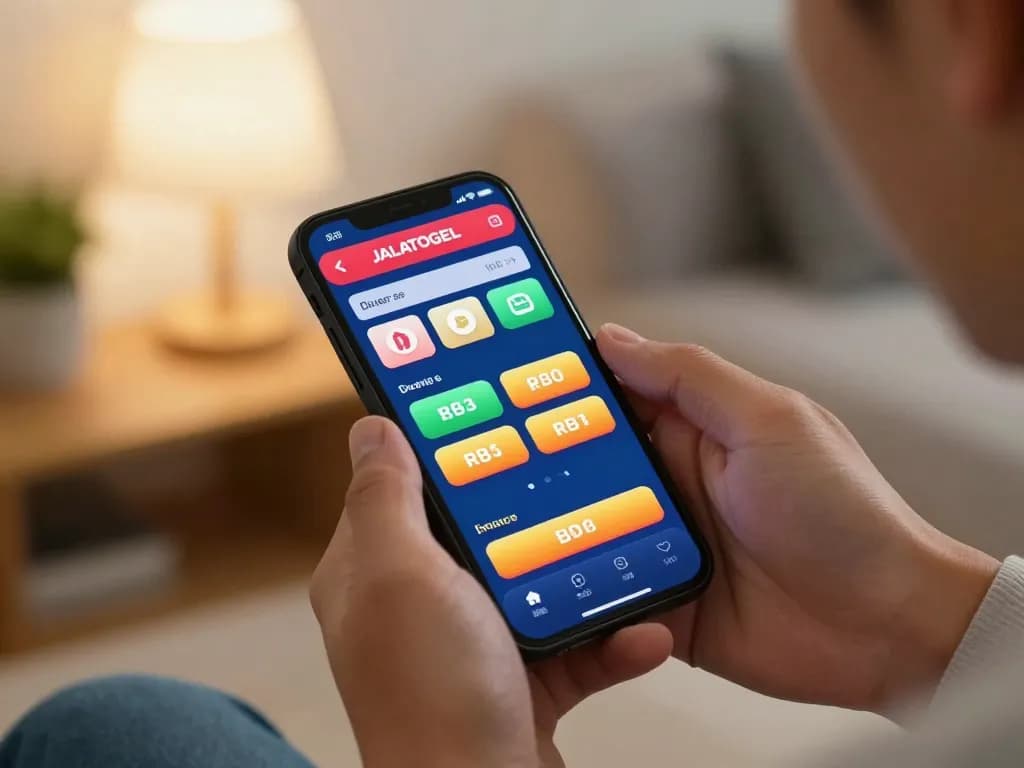 Pemain terlibat menggunakan aplikasi JALATOGEL di smartphone untuk taruhan lotere online di rumah.