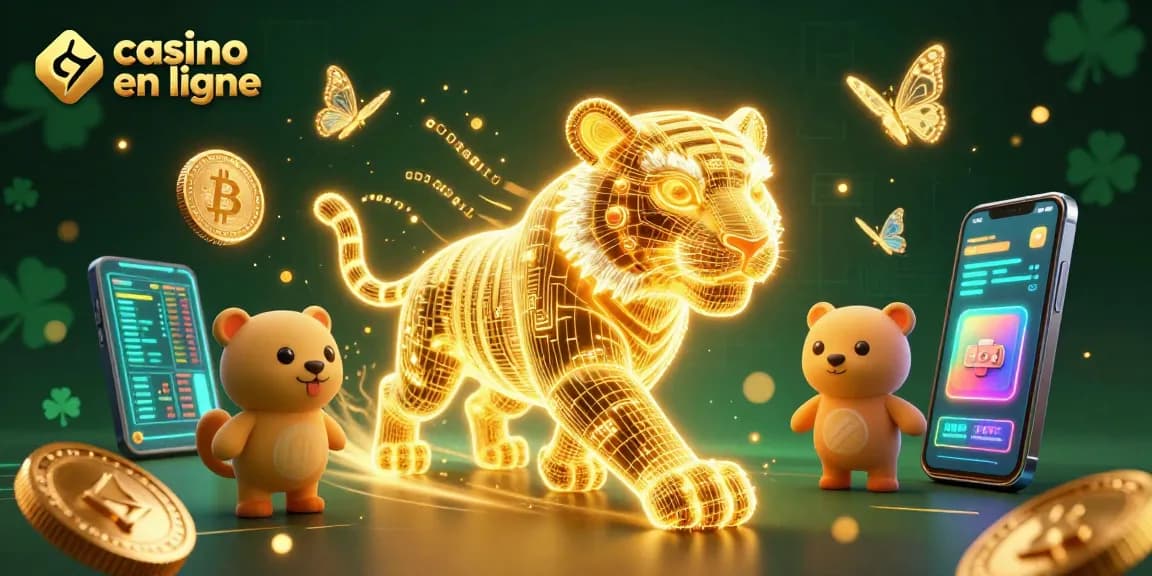 Plongez dans l'univers captivant des jeux de casino en ligne avec notre illustration dynamique de tigre doré et crypto-monnaies luminescentes.