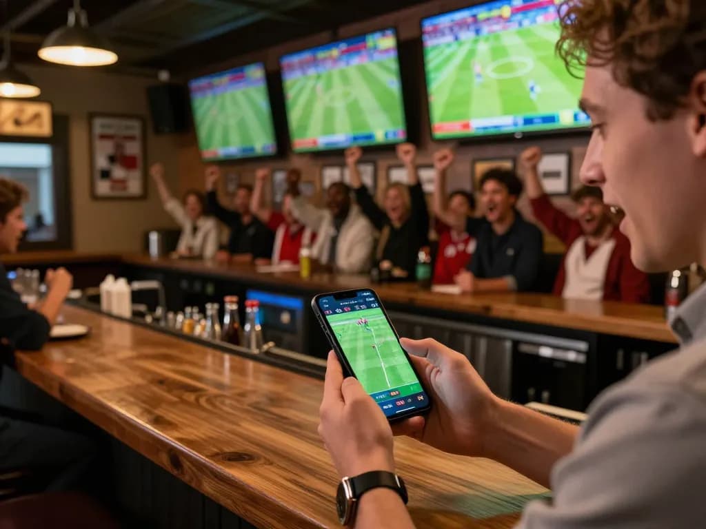 Engaging moment placing a live bet using the login mposport app during exciting football match at sports bar.