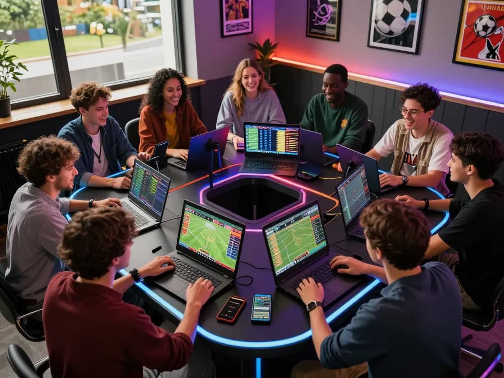 Engaged friends placing bets on superjp at a lively sports betting gathering