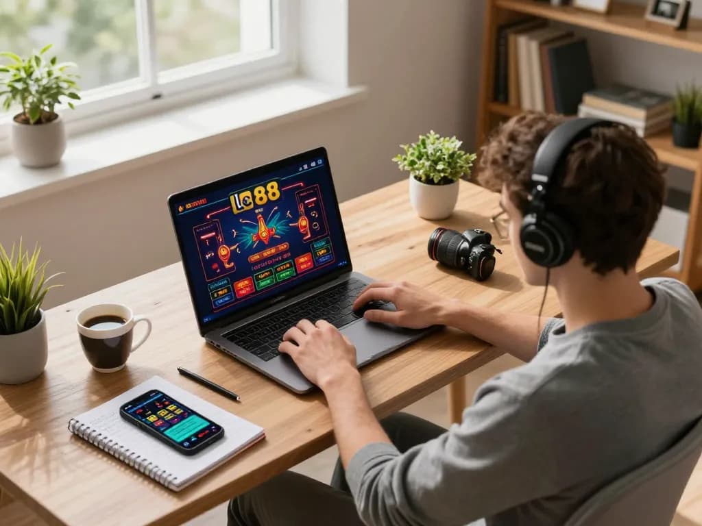 Player engaging with lc 88's online casino gaming interface from a cozy home office setup.