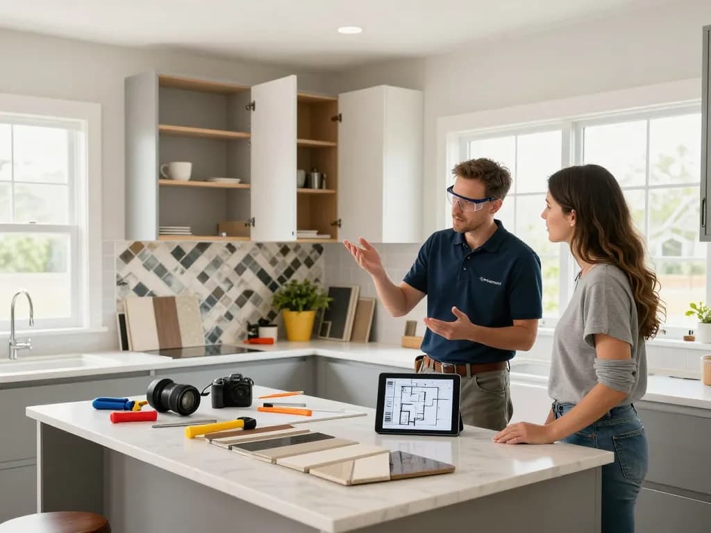 Kitchen reconstruction in progress, showcasing a contractor and homeowner discussing modern cabinetry installation in a bright, beautifully renovated space.
