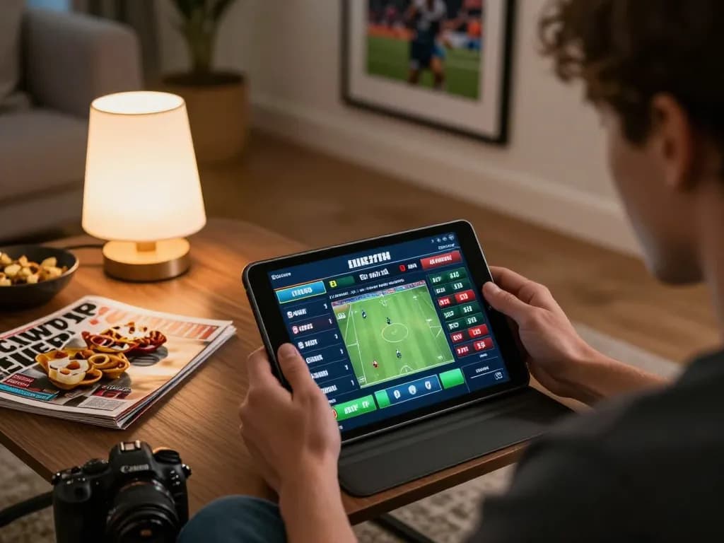 Engaged player using alo8 for live sports betting on tablet in cozy home setup.