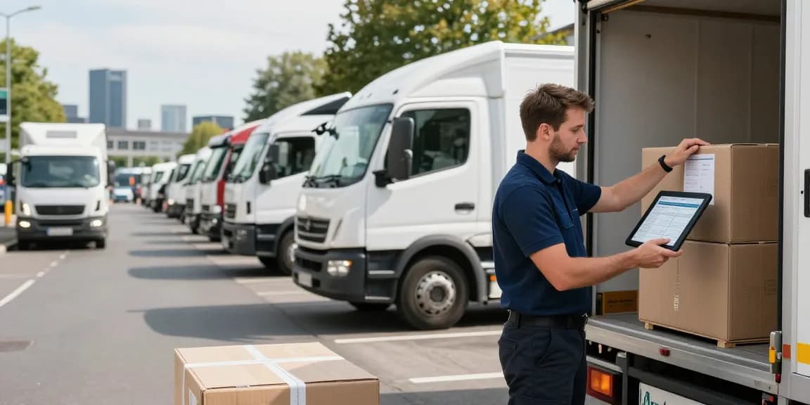 Schnelltransport in Dortmund: Fahrer belädt Lieferwagen mit Paketen in städtischer Umgebung.