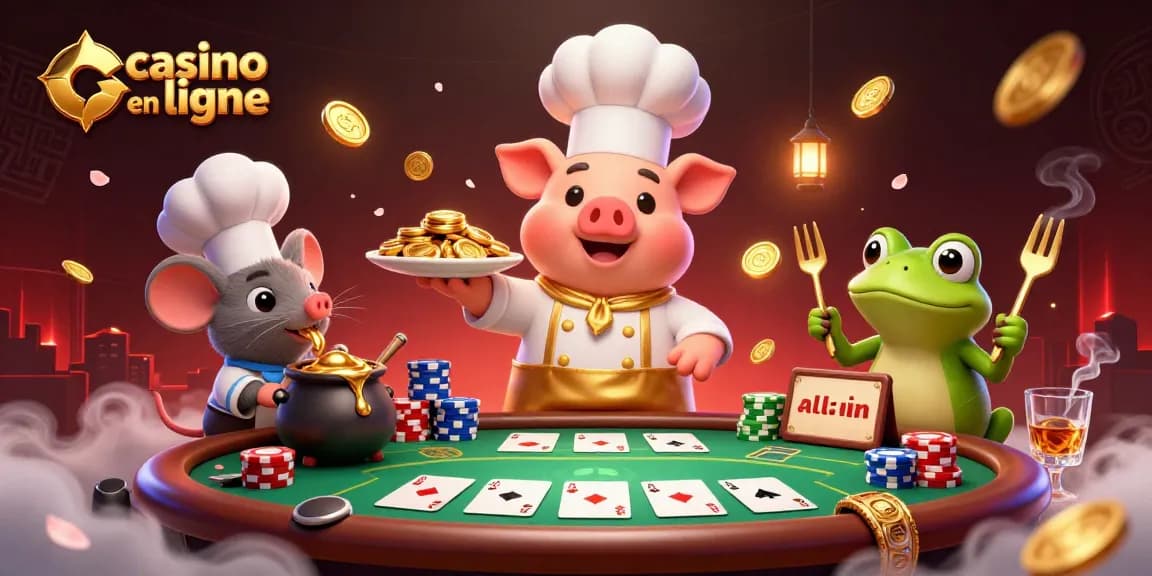 Le chef pig sert des pièces d'or au casino en ligne, tandis que la souris et la grenouille partagent des moments excitants.