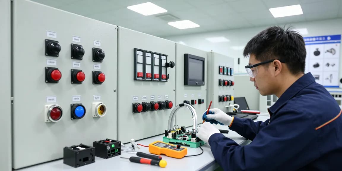 Technician examining panel switches and circuit boards in a modern manufacturing facility, showcasing advanced electronics.