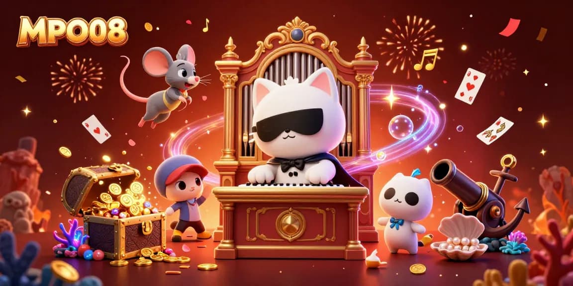 MPO08 brings an enchanting casino scene featuring a phantom cat at a pipe organ, surrounded by coins and games.
