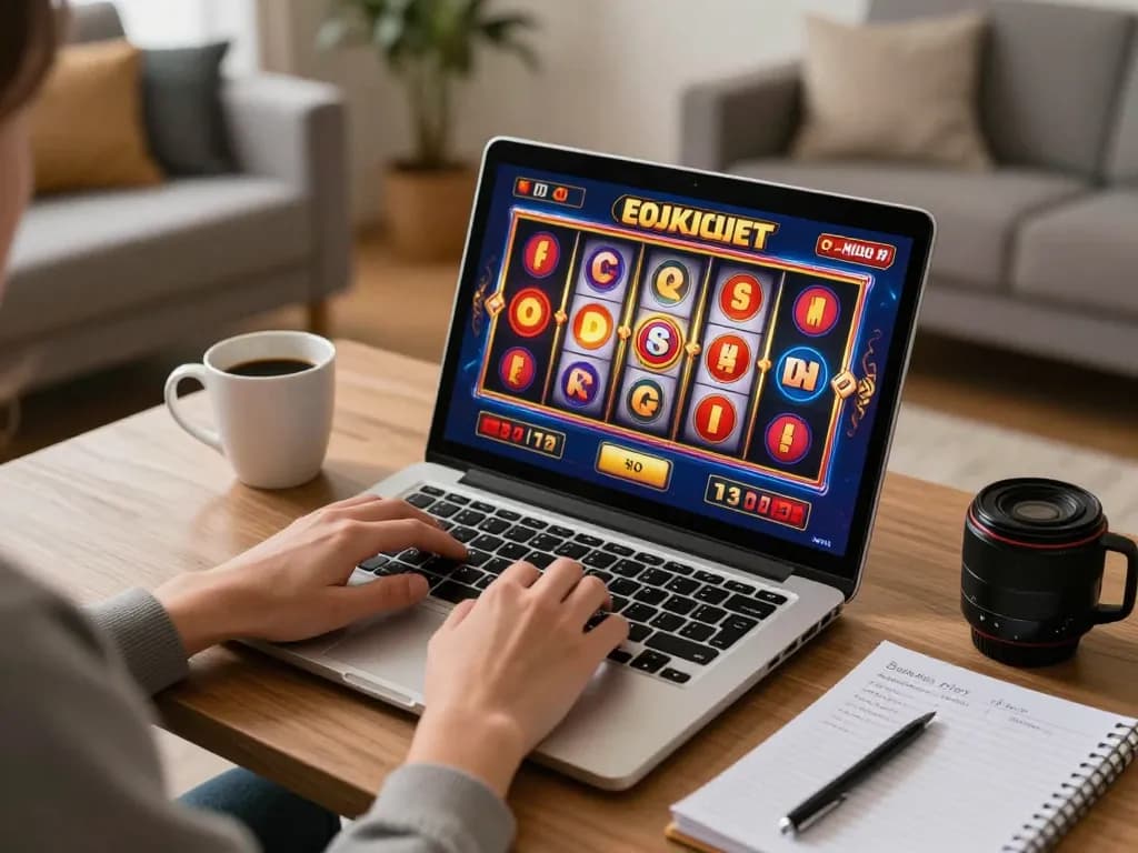 Player enjoying Betwin4d slot game on a laptop in a cozy living room decor.