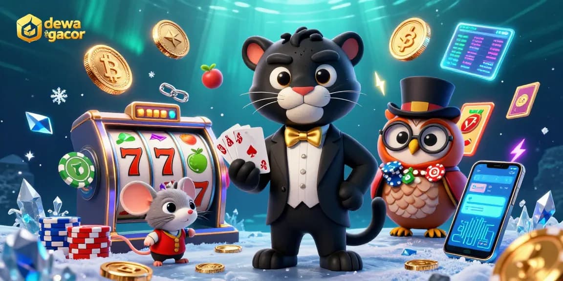 Menggali kesempatan menang lebih besar di dewa slot gacor dengan ilustrasi kasino digital yang menarik, menampilkan karakter kartun dan elemen permainan.