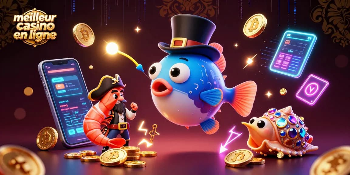Illustration colorée représentant le meilleur casino en ligne avec des personnages ludiques entourés de crypto-monnaies.