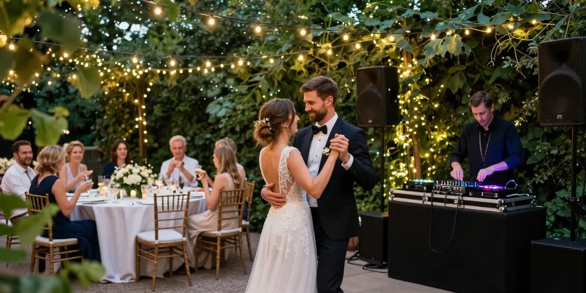 Hochzeit DJ Berlin an romantischem Veranstaltungsort mit lebhaften Gästen und dekorativen Lichtern.