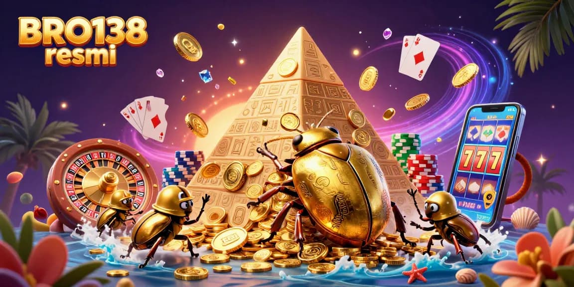 Engage with BRO138 resmi featuring golden beetles in a vibrant casino scene filled with slots and poker elements.