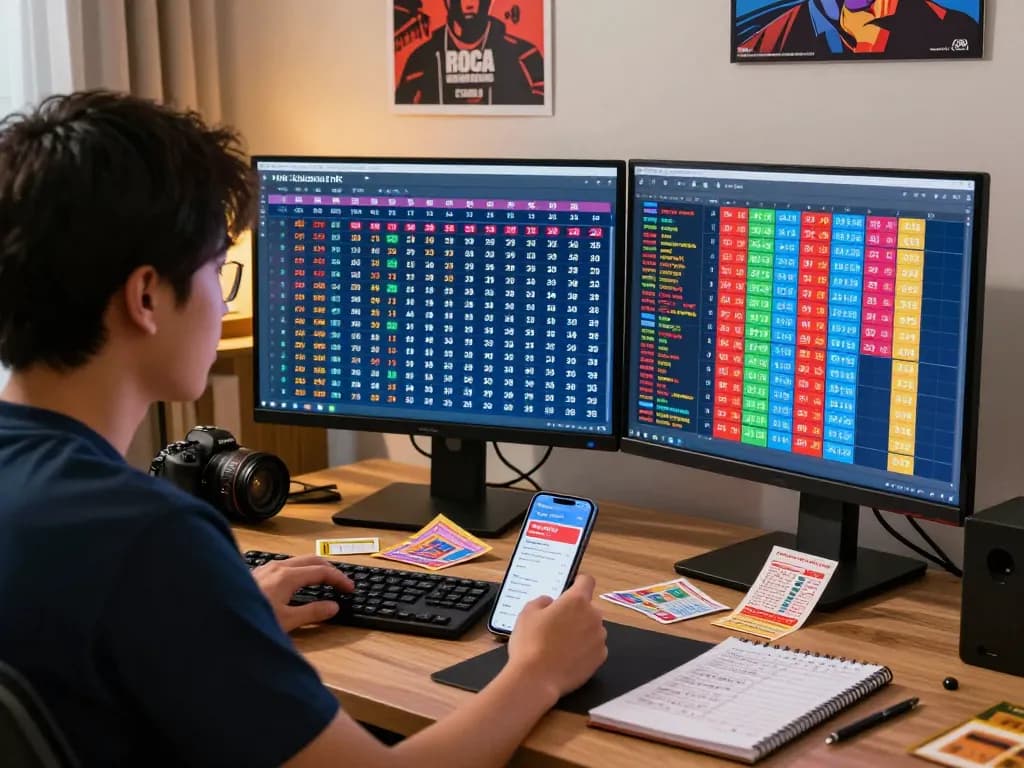 Engaged player analyzing Keluaran HK lottery results on multiple devices in vibrant home office.