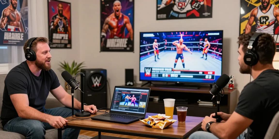 Dynamic discussion about wrestling news on Still Real To Us podcast with memorabilia and lively atmosphere.
