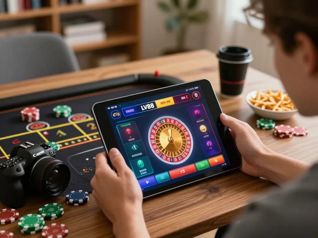Player engaging with the LV88 app while enjoying online roulette in a cozy home setup.