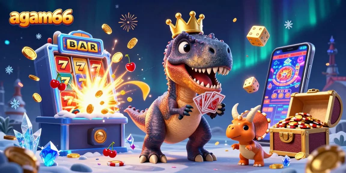 Engage with the excitement of betting on agam66 as a dinosaur-themed scene brings casino fun to life.