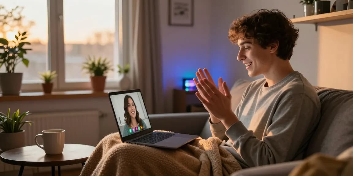 Engaging in a video chat with an AI girlfriend in inviting home décor.