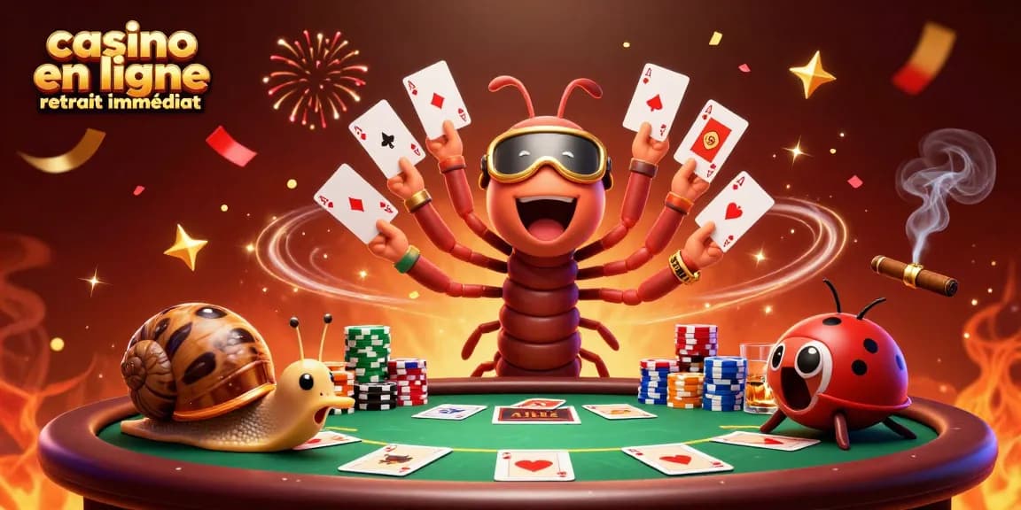 Jouez au casino en ligne retrait immédiat avec ce millipède dealer et ses cartes éclatantes entouré de jetons colorés.