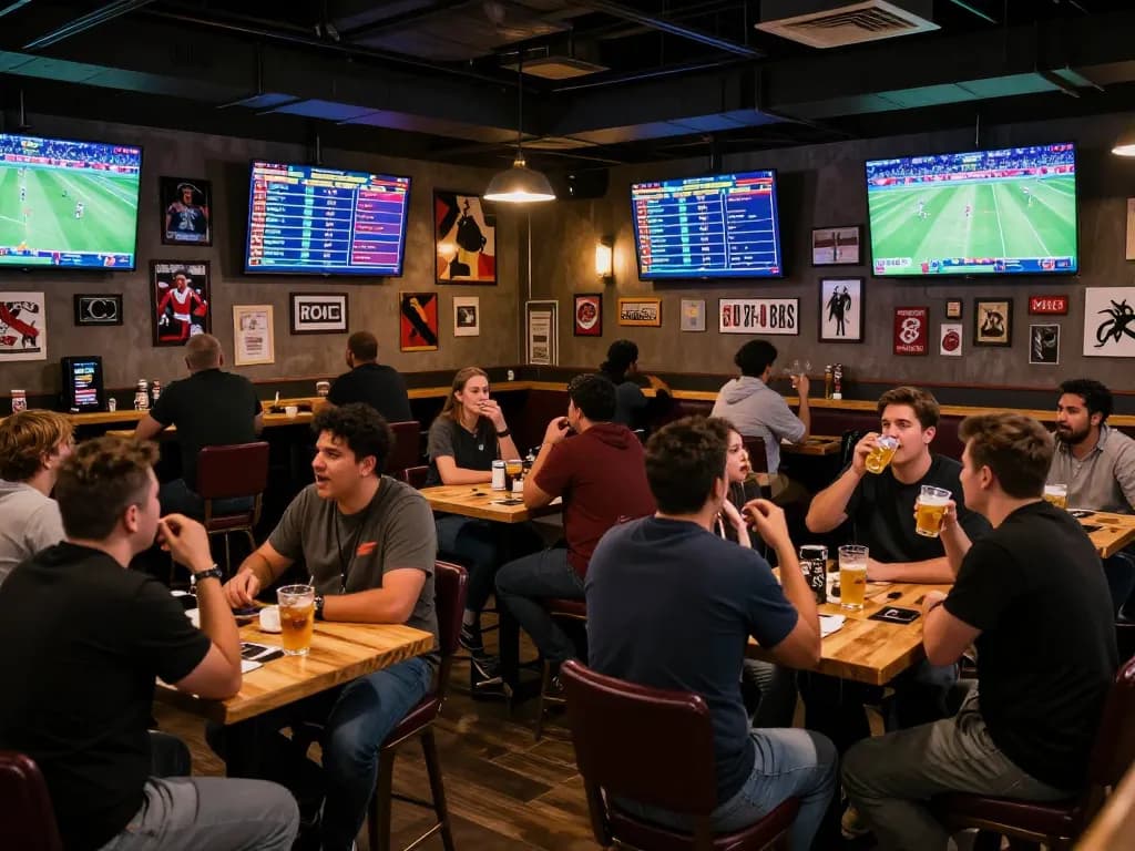 Engaged sports fans analyzing odds at nhandinhkeonhacai betting venue.