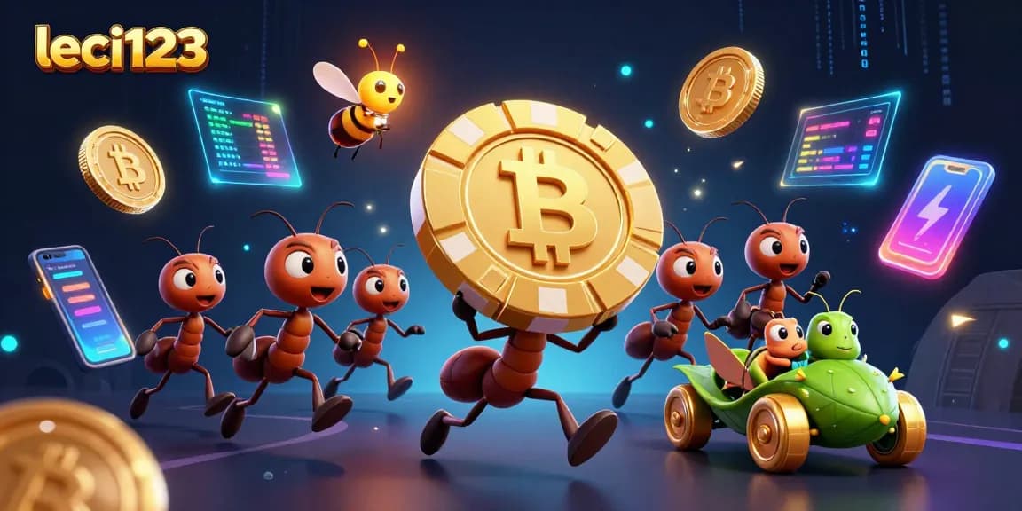 Engage with leci123's vibrant gambling visuals featuring ants in a playful heist with golden poker chips.