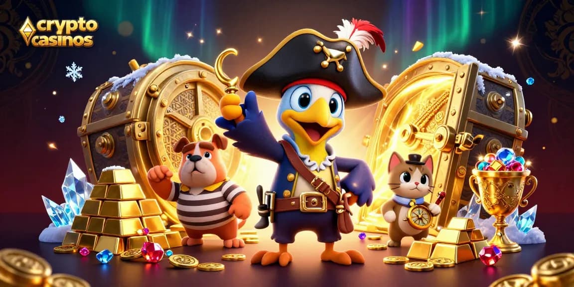 Les crypto casinos offrent des trésors avec un pirate, un bulldog et un chat, entourés de richesses.