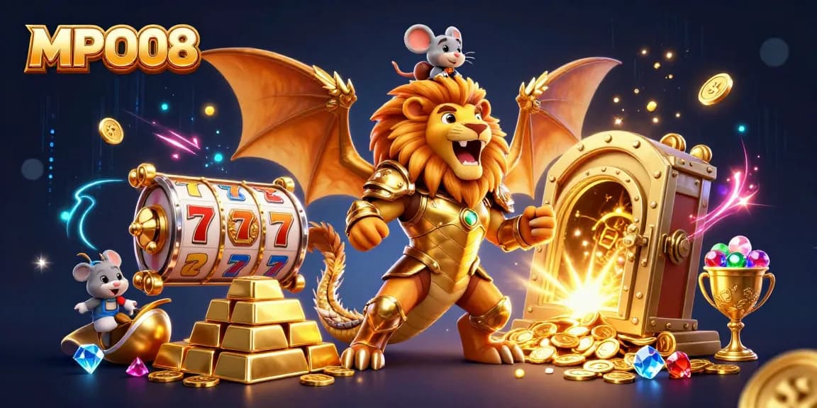 MPO08 casino adventure featuring a golden chimera and treasure elements, illustrating exciting gaming experiences.