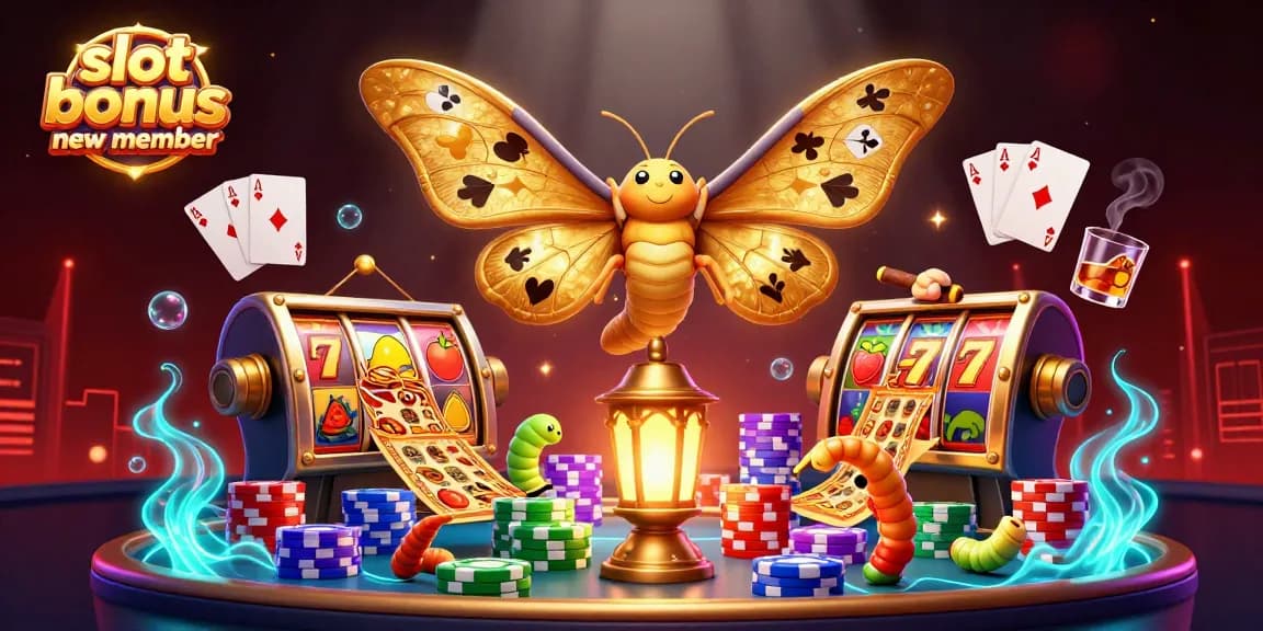 Experience the thrill of a slot bonus new member with vibrant 3D casino art showcasing golden moths and stacked poker chips.