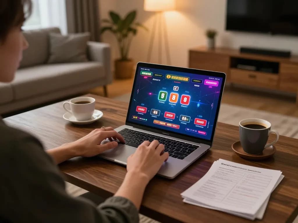 Player engaging in online casino gameplay on 8xbet app in a cozy home setting.