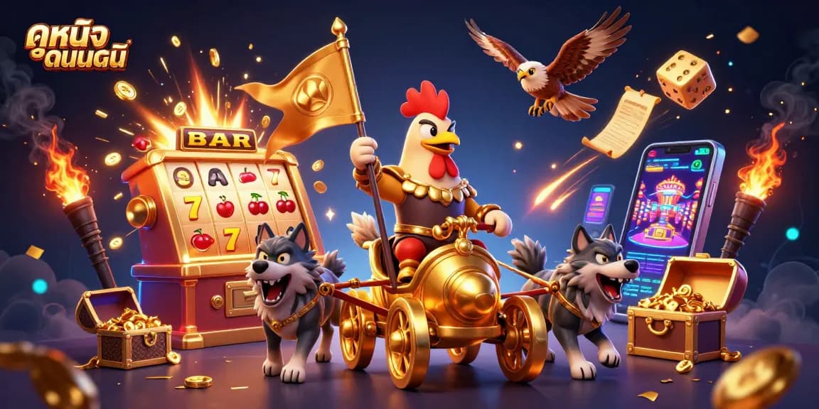 Experience the thrill of ดูหนังออนไลน์ with a dynamic casino scene featuring our heroic rooster warlord.