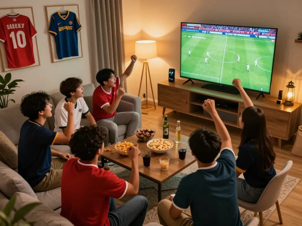 Fans enjoying live football action through Luong Son TV, creating an electric home viewing party atmosphere.