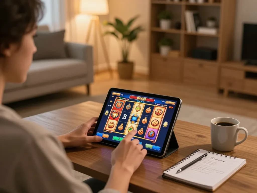 Person enjoying gameplay on the o8 casino app at home, with vibrant slot game visuals.