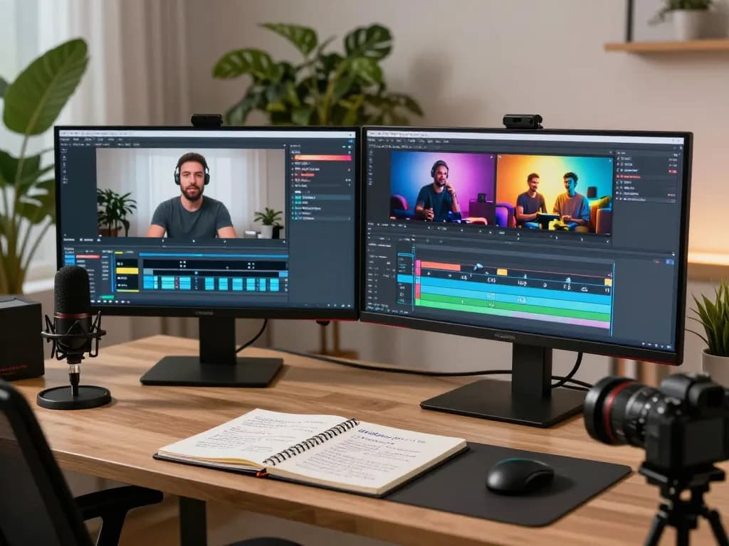 Professional video to prompt ai analysis workspace with multiple screens and ambient lighting.