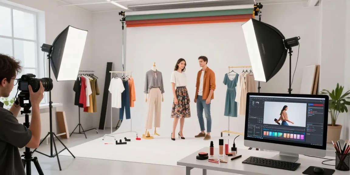 Fotografo ecommerce al lavoro in studio, catturando immagini professionali di prodotti per e-commerce.