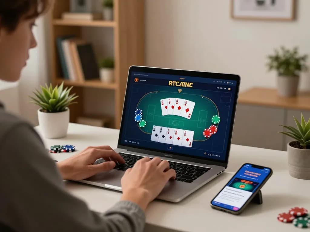 Engaged player exploring dagelan4d link on laptop while focusing on online poker game at home.