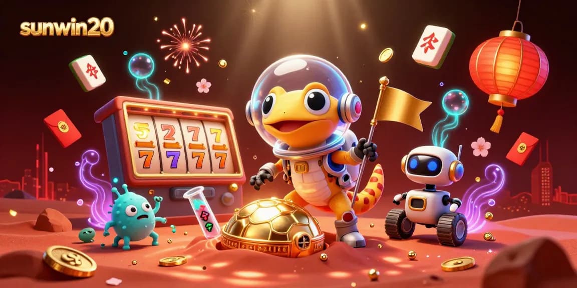 Win big at sunwin20 with a gecko discovering a golden casino in this vibrant scene.