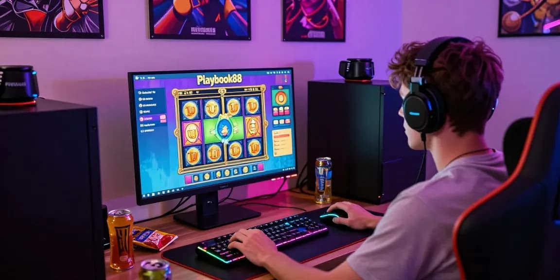 Engaged player exploring Playbook88's online slot games in a vibrant gaming setup.