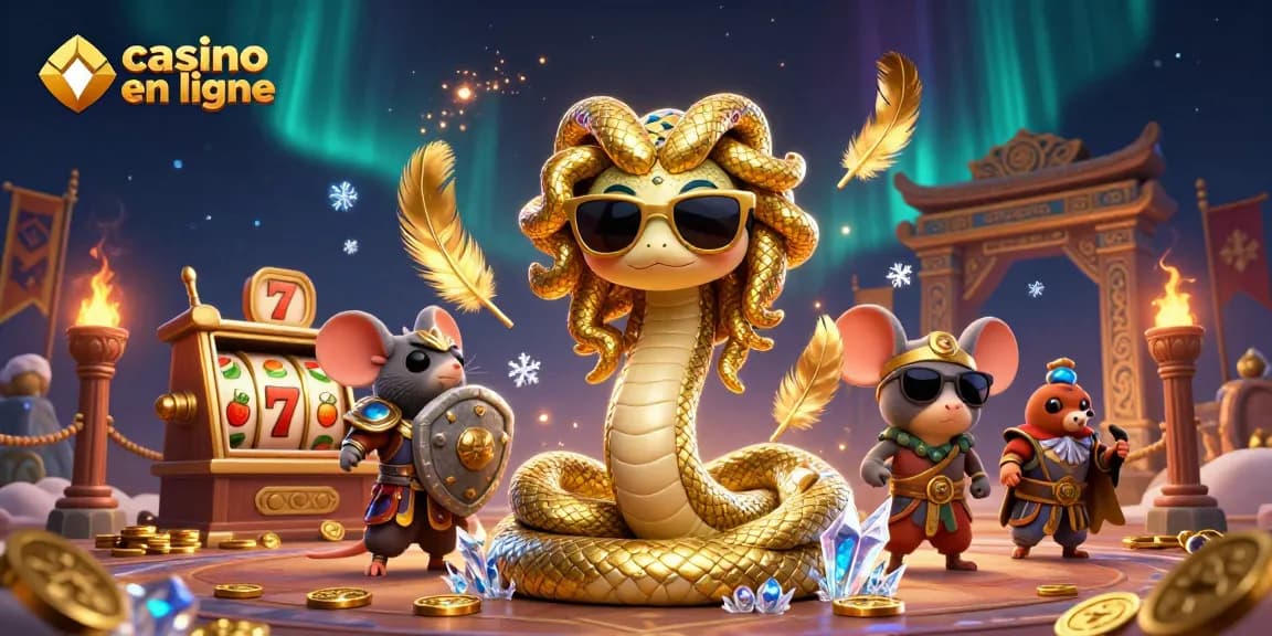 Visuelle festive de casino en ligne avec Méduse et une souris guerrière au milieu de pièces d'or et de machines à sous.