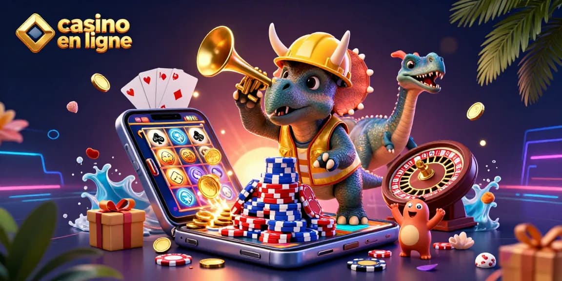Illustration dynamique de casino en ligne avec des personnages préhistoriques célébrant en jouant.
