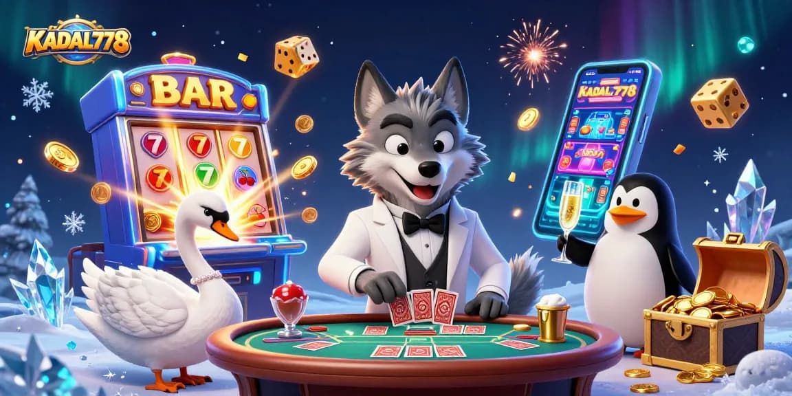 KADAL778 showcases a vibrant casino scene featuring a debonair wolf, elegant swan, and sophisticated penguin amidst winning slots and dynamic game elements.