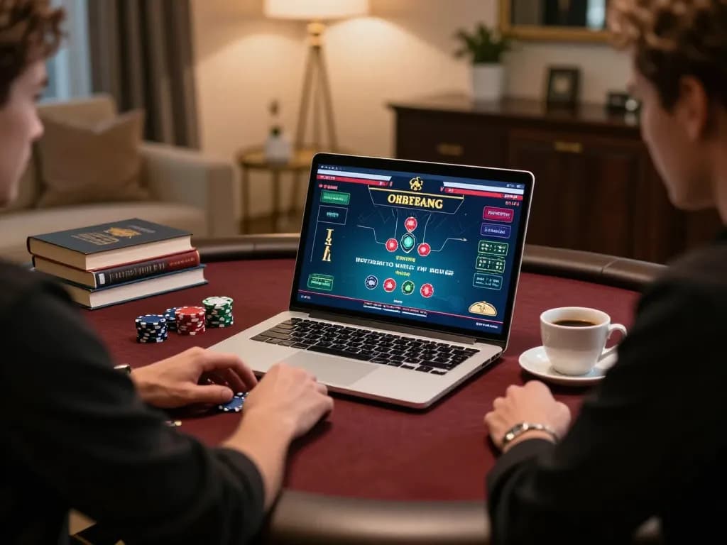 Player engaging in strategic online poker gameplay at alo8, set in a sophisticated home environment.