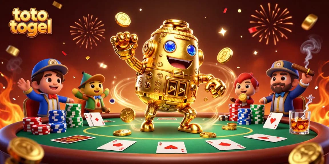 Engage in thrilling toto togel excitement with a golden golem in a vibrant poker scene.