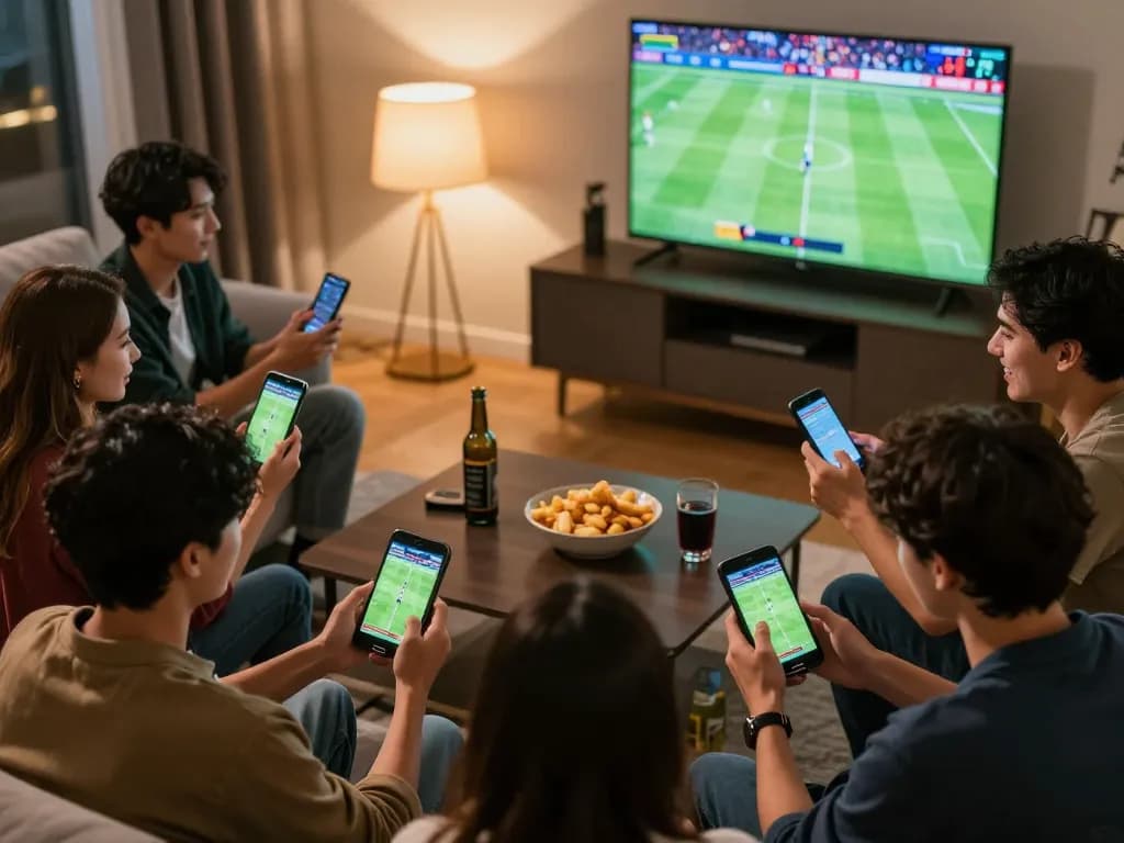 Exciting sports betting moment at home with friends using hay88x app during a live game