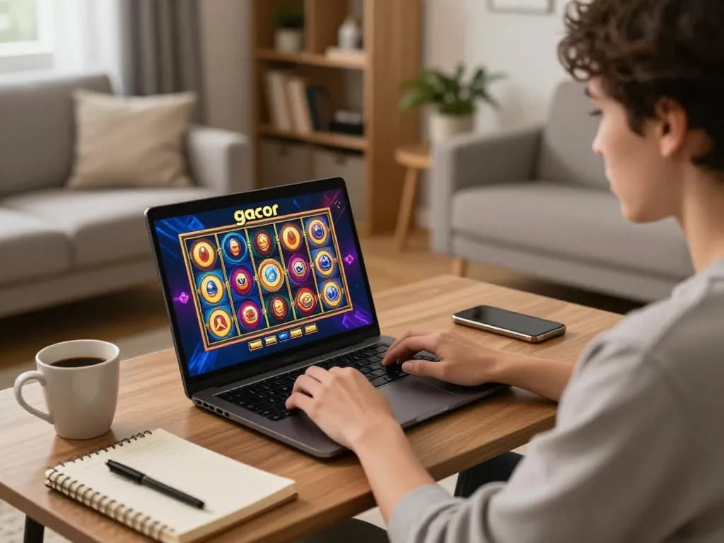Engaged player discovering winning strategies while enjoying slot gacor on a laptop in a cozy home.