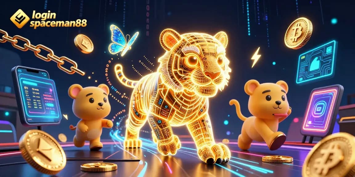 Engage with login spaceman88 in a vibrant digital casino landscape featuring a golden tiger and crypto elements