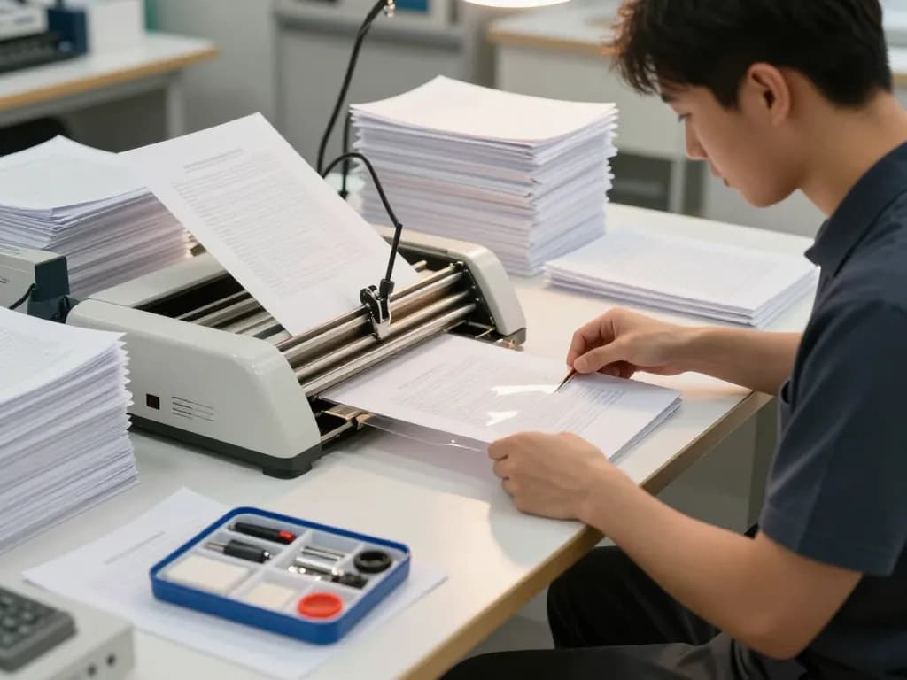 Expert technician bóc lớp ép plastic from important documents using advanced methods in a professional workspace