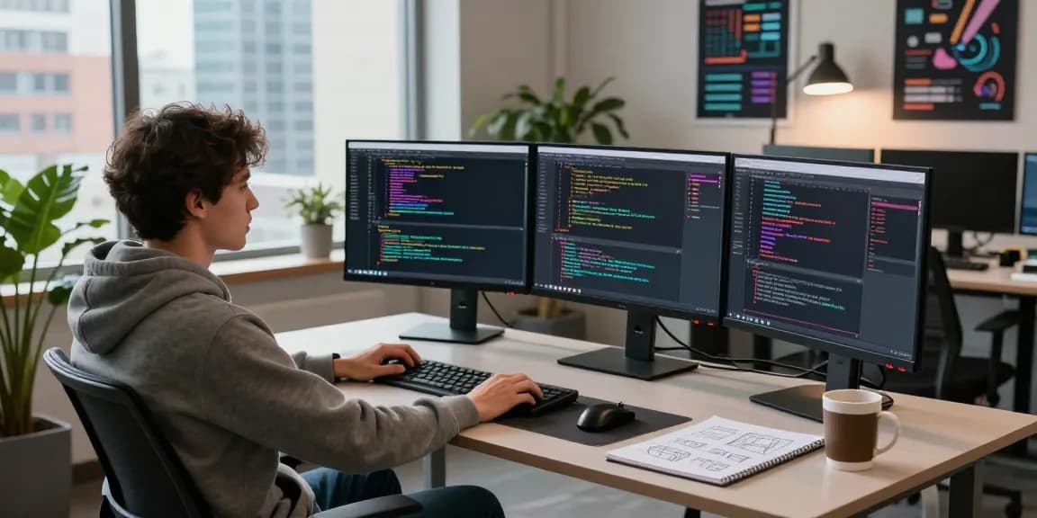 Innovative developer workspace at telegraimin.com with multiple monitors displaying code.