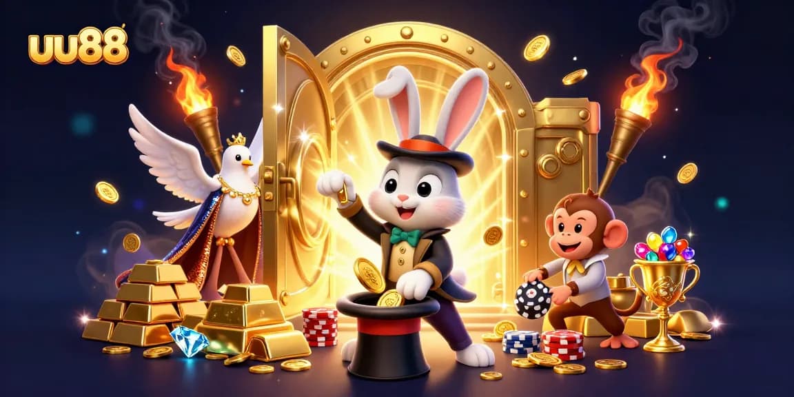 Join the excitement at uu88 with this captivating casino celebration featuring vibrant characters and glittering treasures.