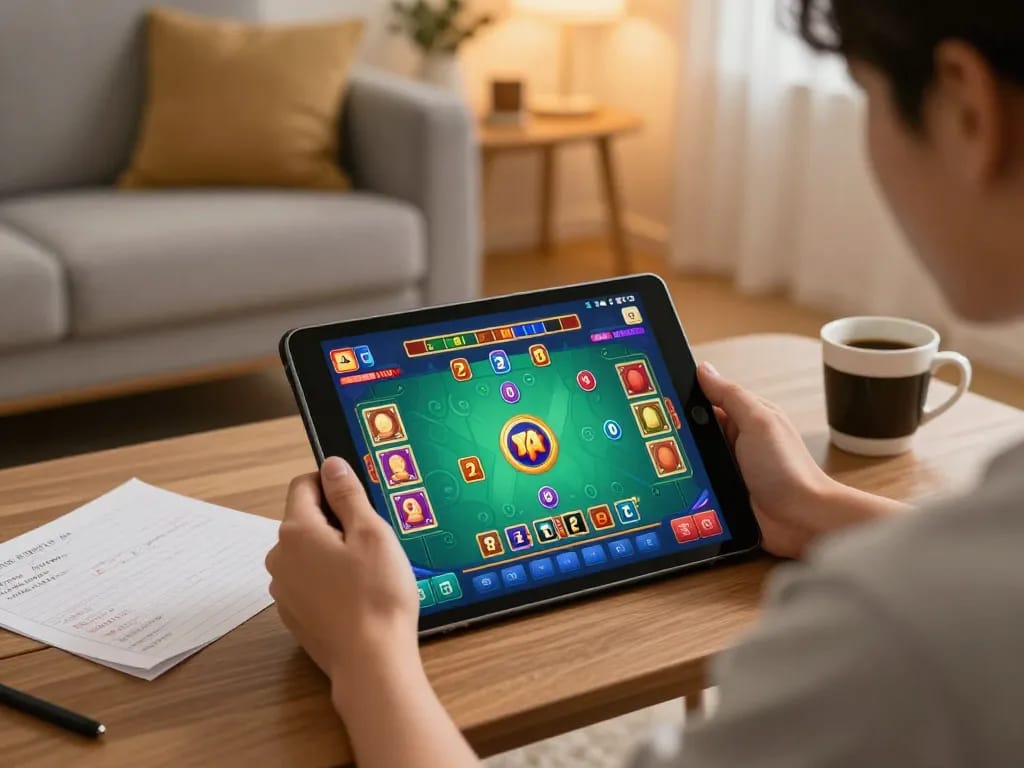 Taking strategy notes while playing Tài Xỉu online at taixiuonline8 on a cozy tablet setup.