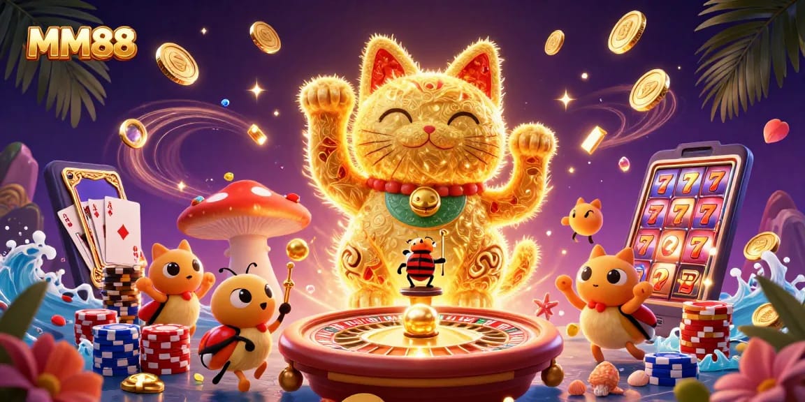 Spin and win at MM88 with a dazzling display of golden coins and vibrant casino symbols.