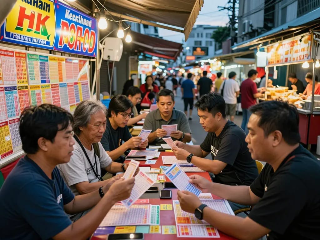 Keluaran HK updates amidst Togel Hongkong players celebrating at a lively street market.
